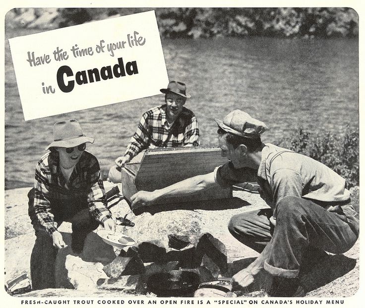 Vintage 1950s Canada advertisement showcasing people cooking trout over a fire for a special canada's holiday menu