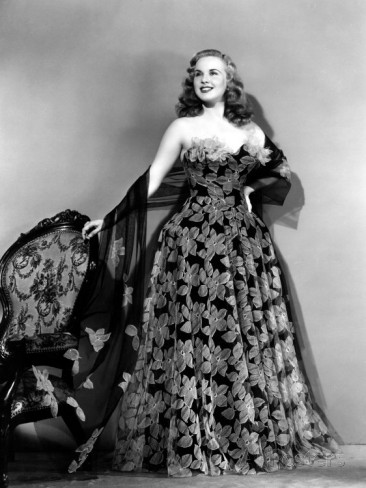 1940s vintage photo: Deanna Durbin in Hoop Skirt Styled Lace Fabric Flowered Evening Dress Designed by Howard Greer