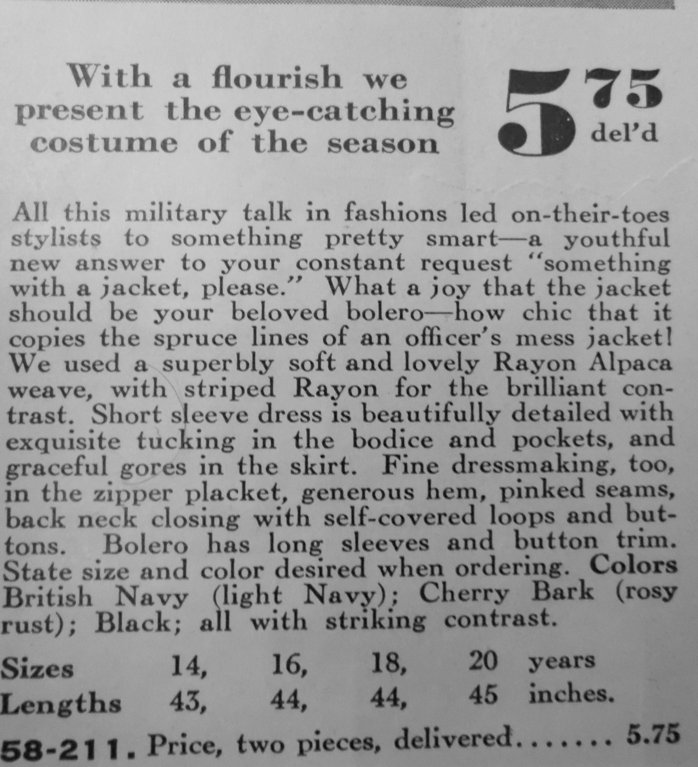 1940s Fashion: A 1940s bolero jacket dress description as seen in a Eatons Catalogue 1940 -1941 Fall Winter Edition. 