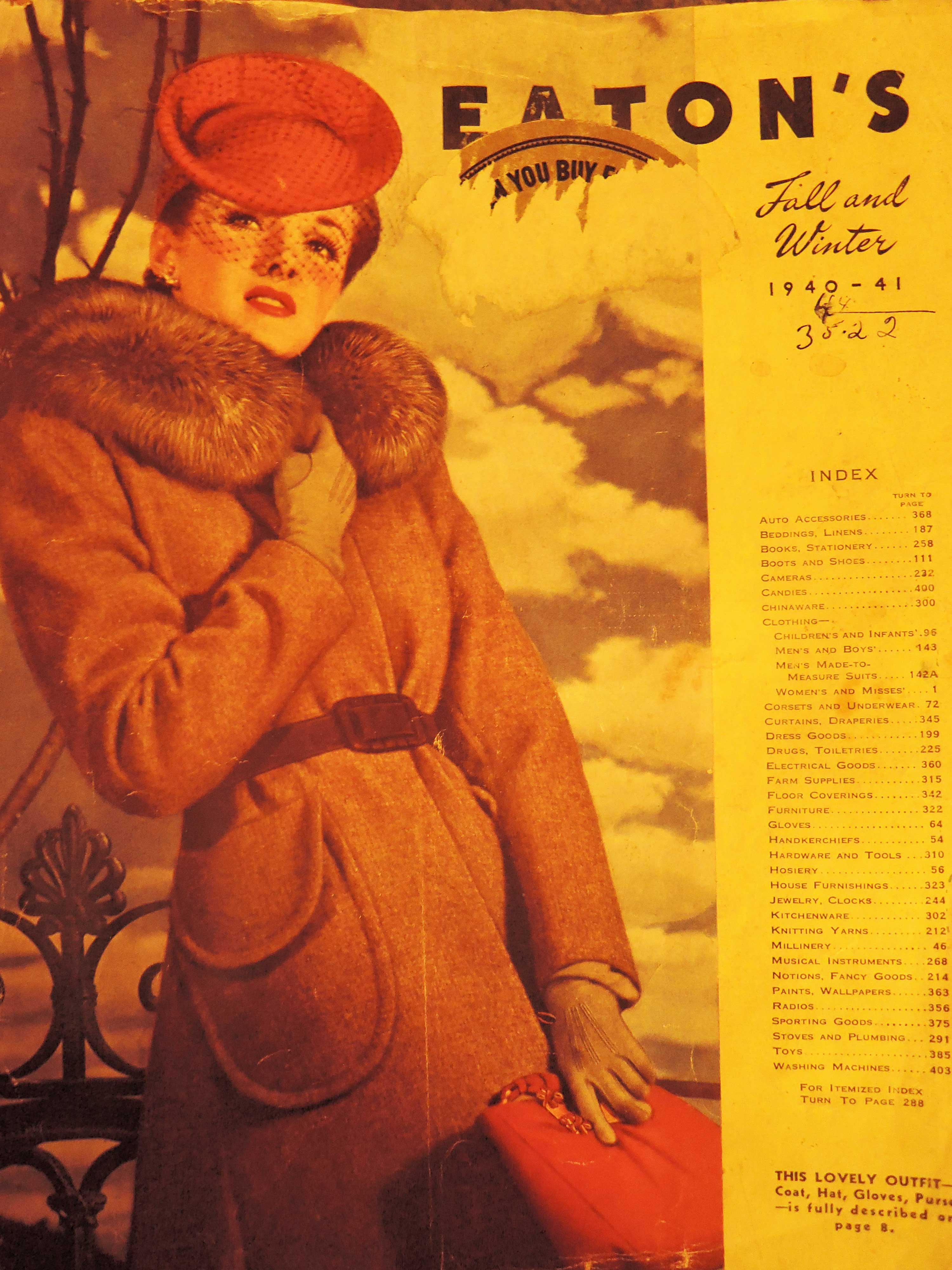1940s vintage cover of an Eatons Catalogue 1940-1941 Fall Winter featuring a woman in a 1940s winter jacket and winter hat. 