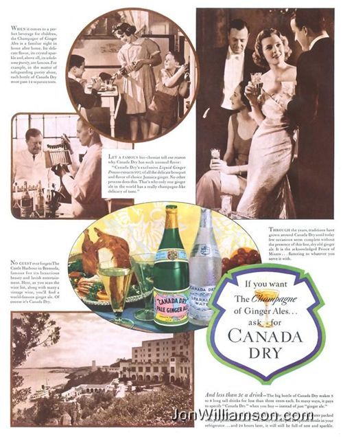 1930s vintage ad for Canada Dry ginger ale featuring images of all the things Gingere Ale helps you do. 