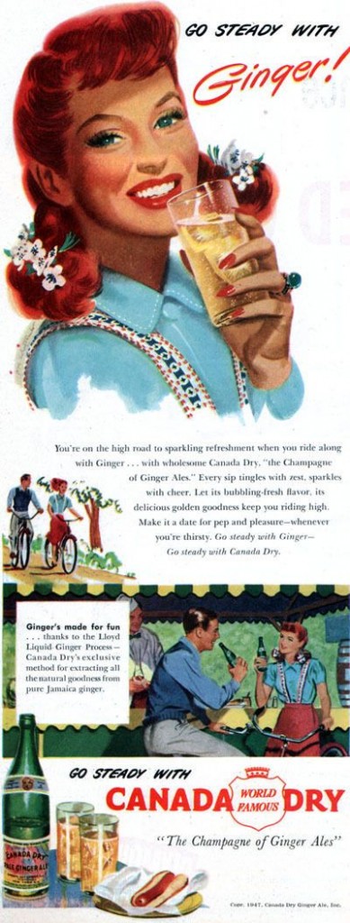 1940s Vintage ad for a 1947 Canada Dry Ginger Ale featuring an illustration of a woman with red hair drinking the soda in 1940s fashions and 1940s hairstyles. 