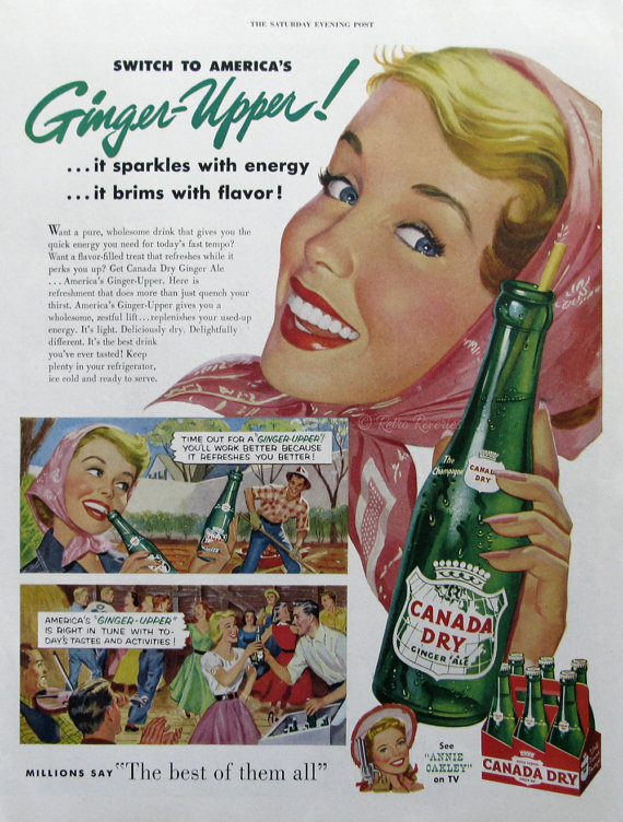 1950s vintage ad for a 1954 Canada Dry Ginger Ale Ad featuring images of a woman in 1950s fashions enjoying her soda while doing various things 