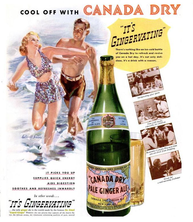 1940s Vintage ad for Canada Dry Ginger Ale featuring a couple in 1940s swimsuits having fun in the water and other things the drink helps you do. 