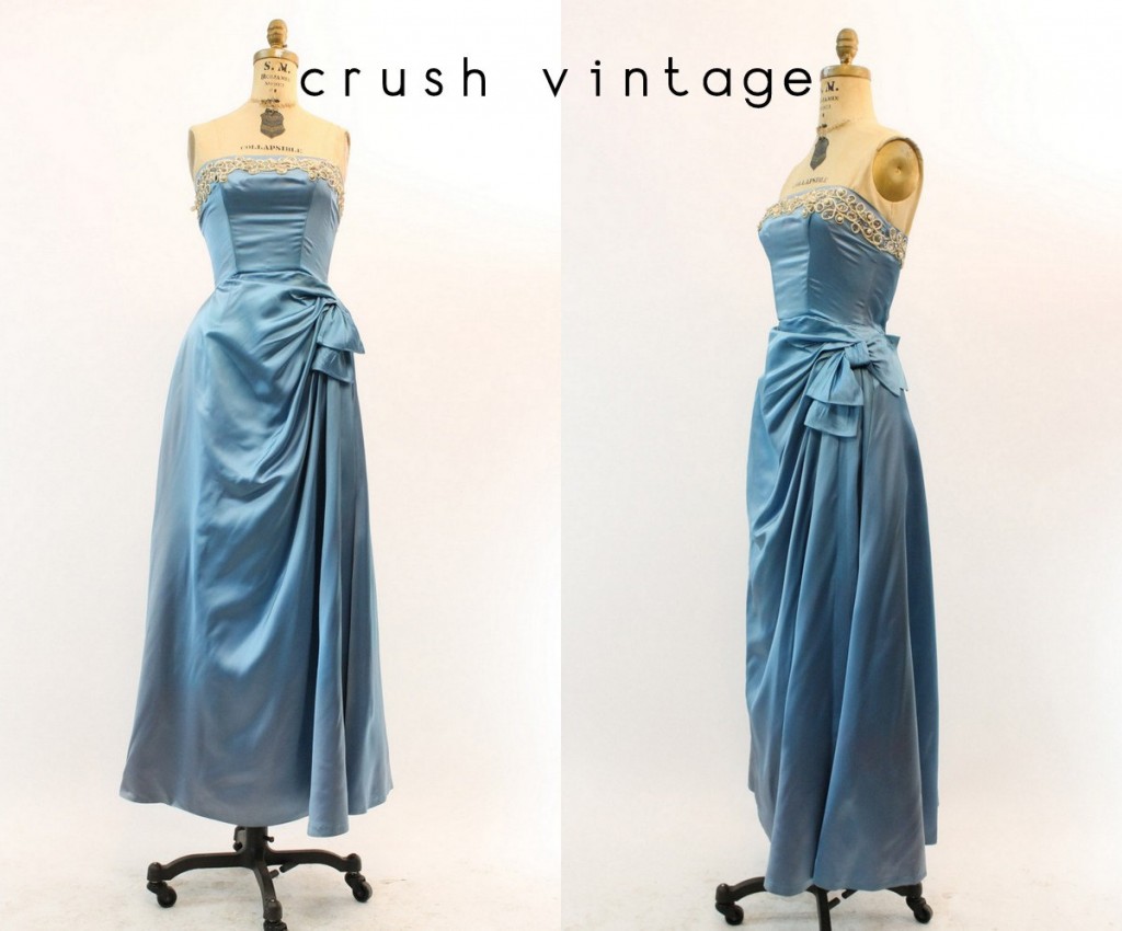 1950s Fashion: 1950s Dress Emma Domb Vintage Strapless Beaded Liquid Satin Gown