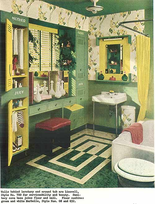 Vintage green and yellow laminate floored bath 1940s