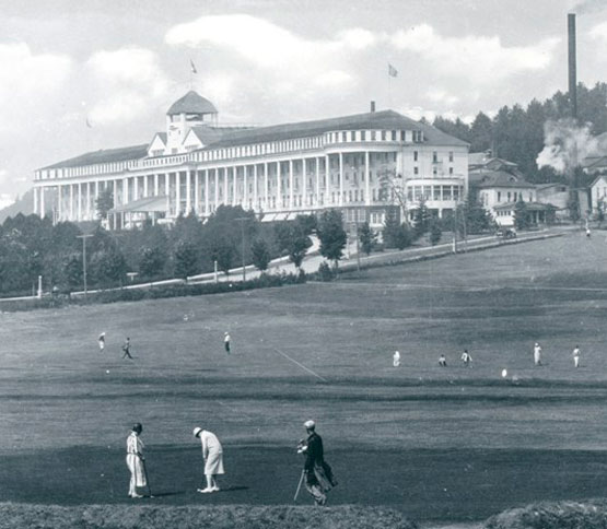 1910's vintage photo of the Grand Hotel and Golf Course, Mackinac Island, circa 1915.