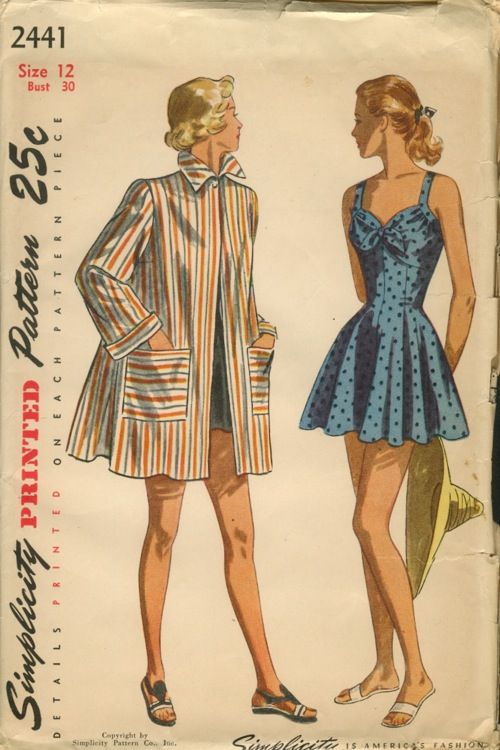 1947 vintage sewing pattern for a women's beach coat and late 1940s swimsuit / bathingsuit. 