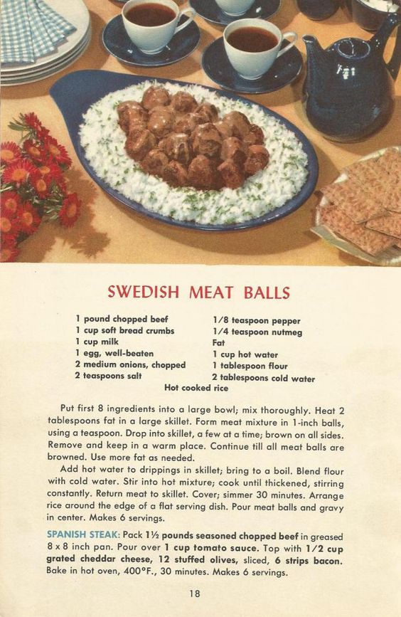1950s Swedish Meat Balls recipe. 1950s vintage recipe. 