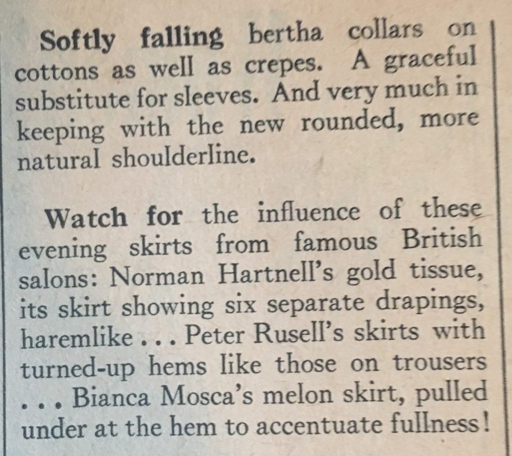1940s Fashion Tip: Softly falling bertha collars and Norman Hartnell's skirts. 1947 Fashion Tips for Women as seen in a vintage Chatalaine Magaine. 