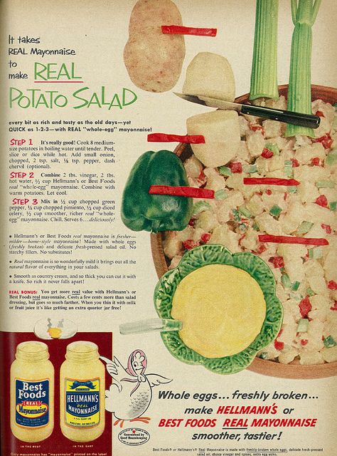 1954 Food Ad, Hellmann's & Best Foods Mayonnaise, with Potato Salad Recipe. 1950s Vintage ad. 