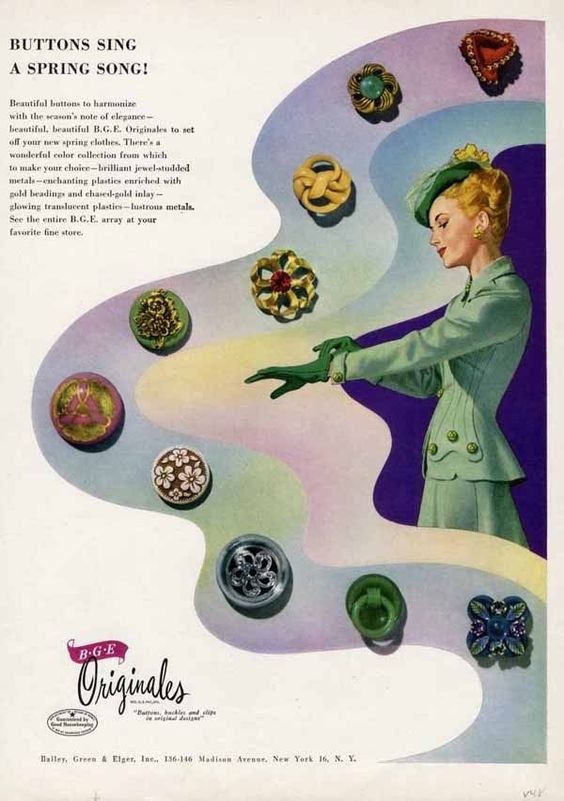 1940s Vintage ad: 1948 Ad for Originales Buttons featuring an illustration of a woman in a 1940s two piece suit surrounded by buttons. 