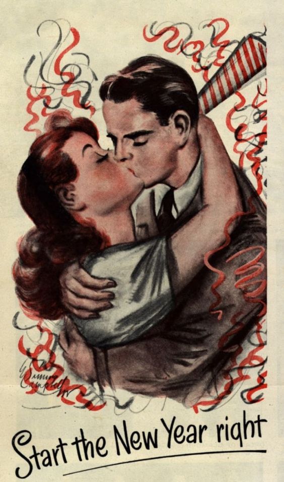 1940s new years vintage illustration couple kissing