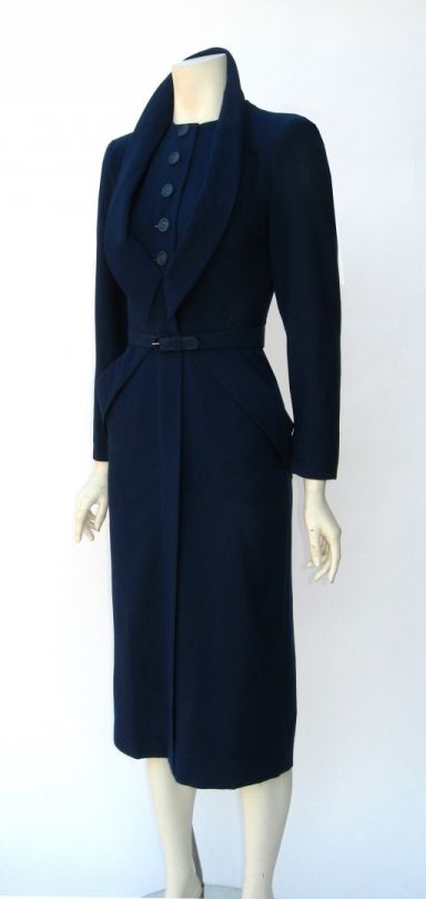 1940s Fashion: Vintage 1940s Dorothy O'Hara Navy Blue Wool Wiggle Dress