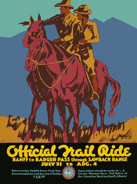 Vintage Canadian Travel Poster for Banff to Badger Pass featuring an illustration of 2 people on horses. 