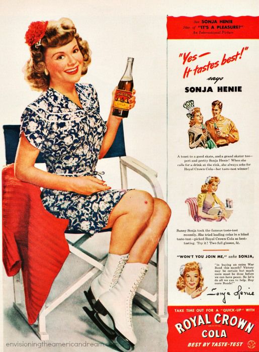 1940s vintage ad for Royal Crown Cola featuring Sonja Jenie in a 1940s dress, hair flower and wearing her skates. 