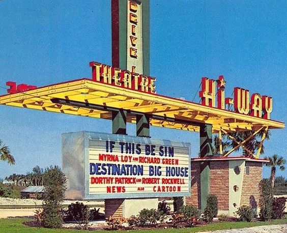 1950s vintage photo of a 1950s Drive-In Movie Theatre Sign. 