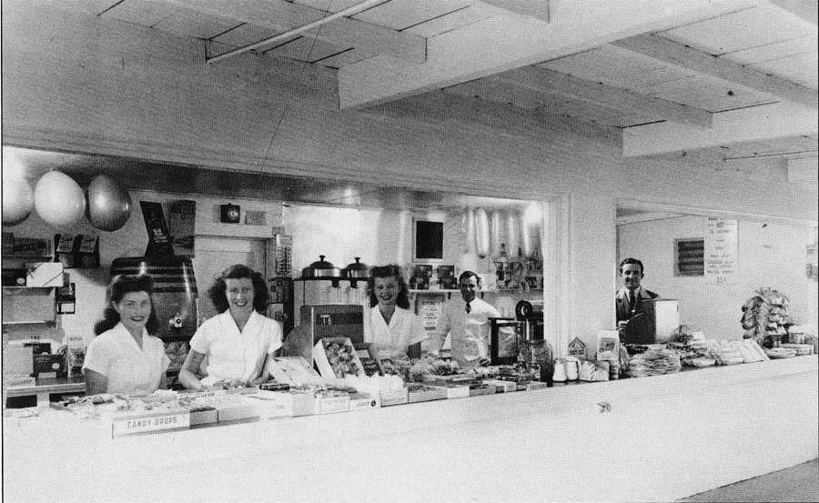 1940s vintage photo of the Drive-In movie theatre snack bar. Snack time! Snack bar at Orange Drive-In.