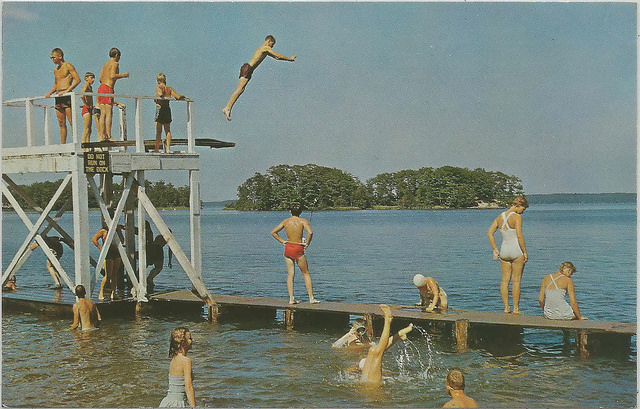 1950s vintage photo: Great View of State Park Diving Platform and Kids Swimming at Hamlin Lake