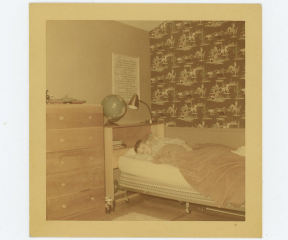 1955 Kodacolor Print Vintage Snapshot Photo Boy in His Bedroom