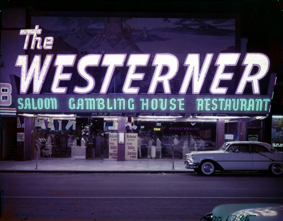  Film transparency of the front exterior of the Westerner Gambling House (Las Vegas), circa 1950s