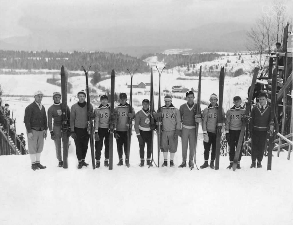 1930s Vintage Photo: Group portrait of the American men's Olympic ski team seen on the opening day of the Winter Olympics in Lake Placid, New York, February 4, 1932.