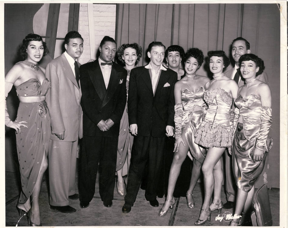 Group photograph of entertainers at the Dunes, including Anna Bailey and Frank Sinatra via UNLV