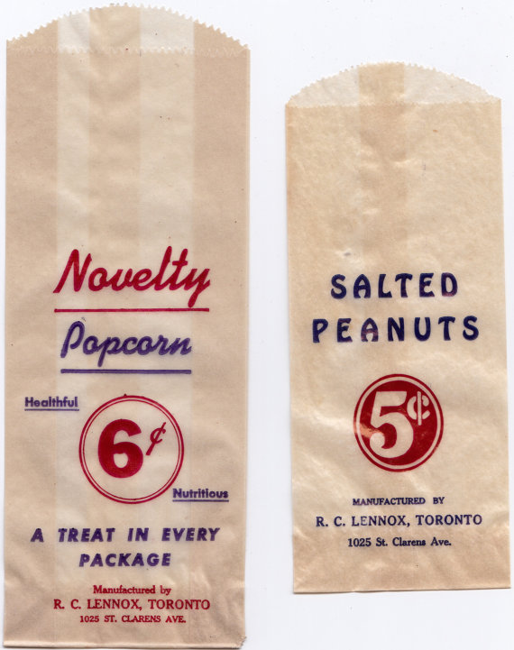 Vintage Toronto:  Vintage 1930s Novelty Popcorn & Salted Peanuts Glassine Bags - Toronto Made, Used at Maple Leaf Stadium