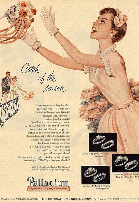 Palladium wedding rings ad from the 1950s featuring a young woman catching the brides bouquet