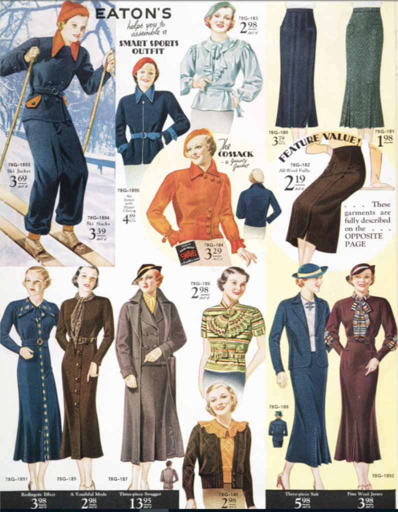 1934 1935 Womens Fashion for Fall and Winter  - Seen in a Eatons Catalogue. 1930's Women's Skirts and Skiing outfits