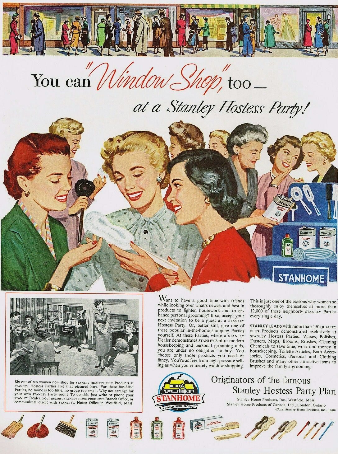 1950s Stanley Products Hostess Party Vintage Advertising showcasing housewives looking at products to buy from the hostess. 
