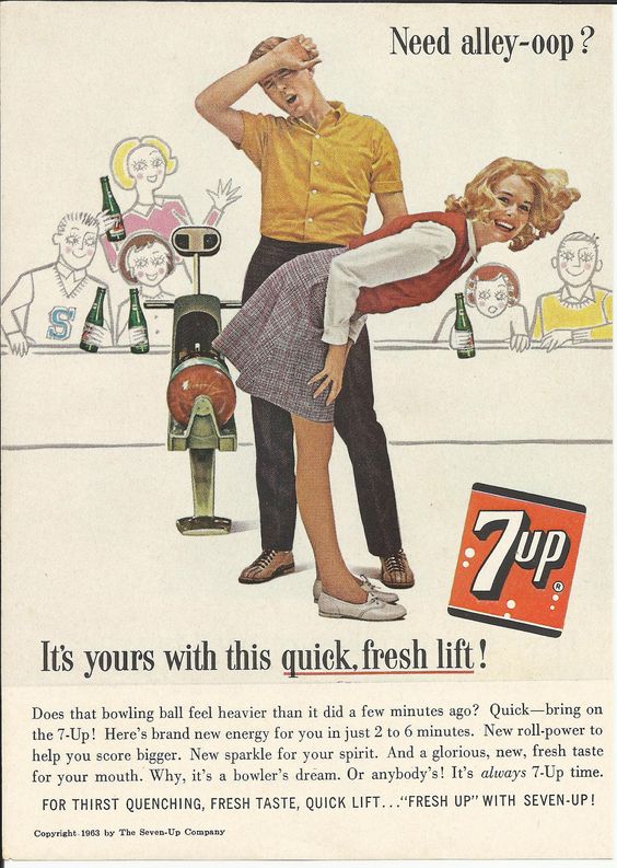 7-UP Bowling Alley Original 1963 Vintage Print Ad Color Illustration Seven Up vintage bowling advertising