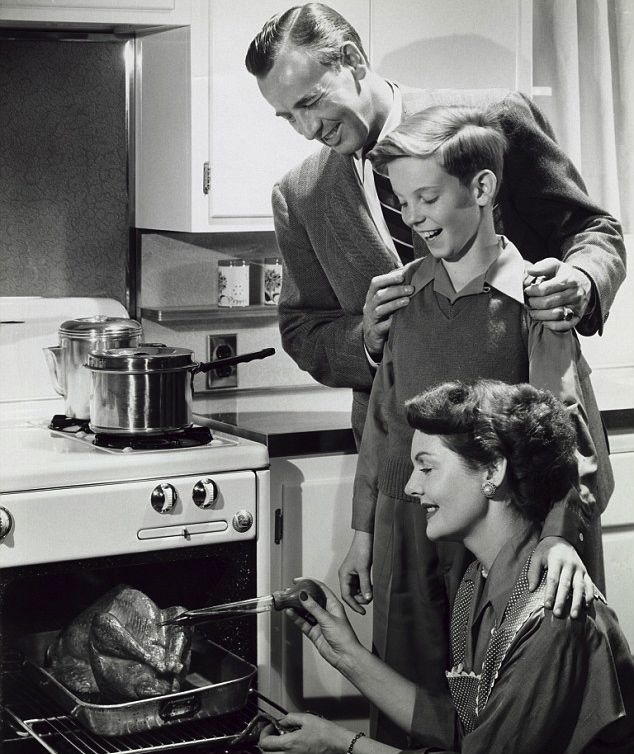 1950s vintage photo of a family cooking a turkey