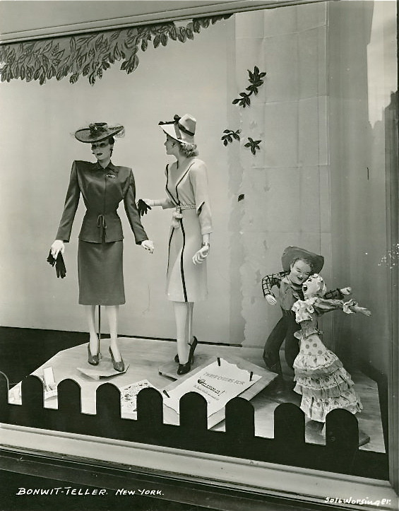 1940s vintage photo: 1940s Women's Suit & Dress, Bonwit-Teller window display, New York, 1940s.