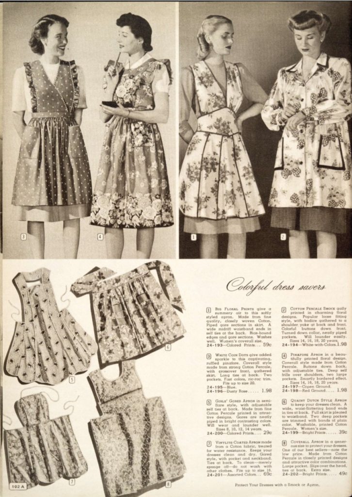 1945 womens aprons in various styles and prints. Fun 1940s fashion. 
