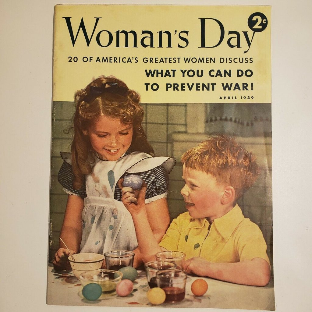 1930s Vintage Magazine Cover: Woman's Day Magazine April 1939 with adorable kids on the cover colouring Easter eggs.  The Magazine even has an article on Easter Bonnets