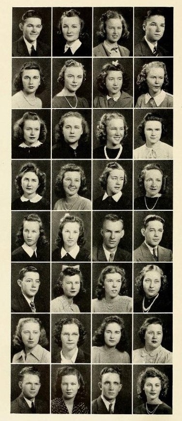 1940s Yearbook Photo of College Freshman from 1941 featuring 1940s hairstyles for men and women. 