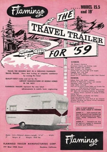 1950s Trailer Advertising from 1959 featuring the Flamingo Travel Trailer. 