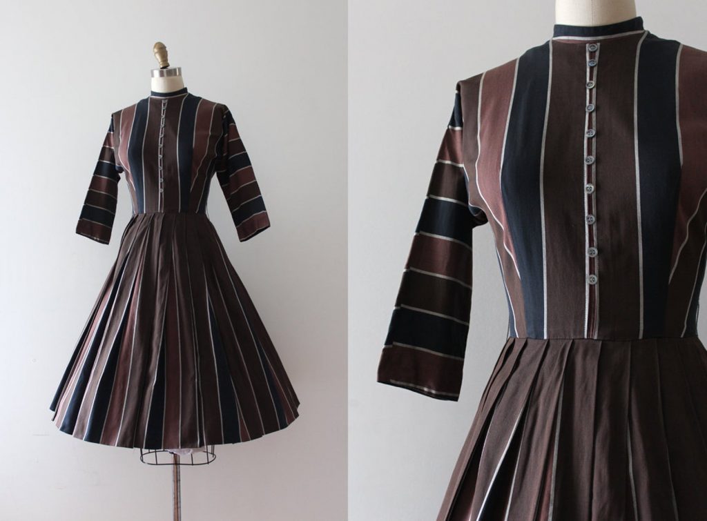 1950s Fashion: 1950s Jonathan Logan brown striped dress.