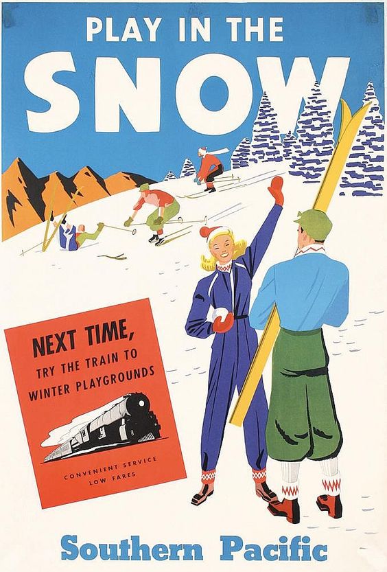1936 Vintage Ski Poster Illustration travel by train featuring downhill skiers enjoying the slopes.