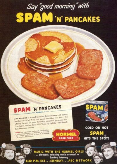1940s Vintage Spam Ad-Spam and Pancakes - Pancake Tuesday Advertising