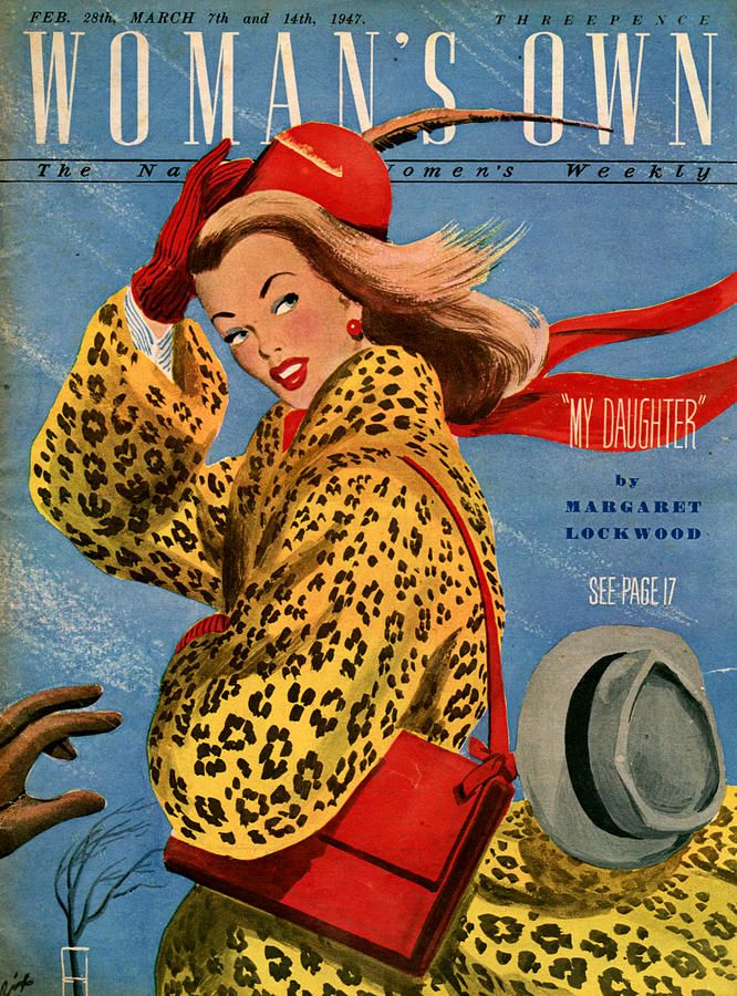 1940s Vintage Magazine Cover for 'Woman's Own' Feb & March 1947. Cover features a leopard print coat. 