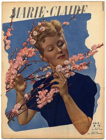 Marie Claire 1943 vintage magazine cover featuring a pretty woman with spring flowers. Cherry Blossoms. 1940s vintage magazine cover. 