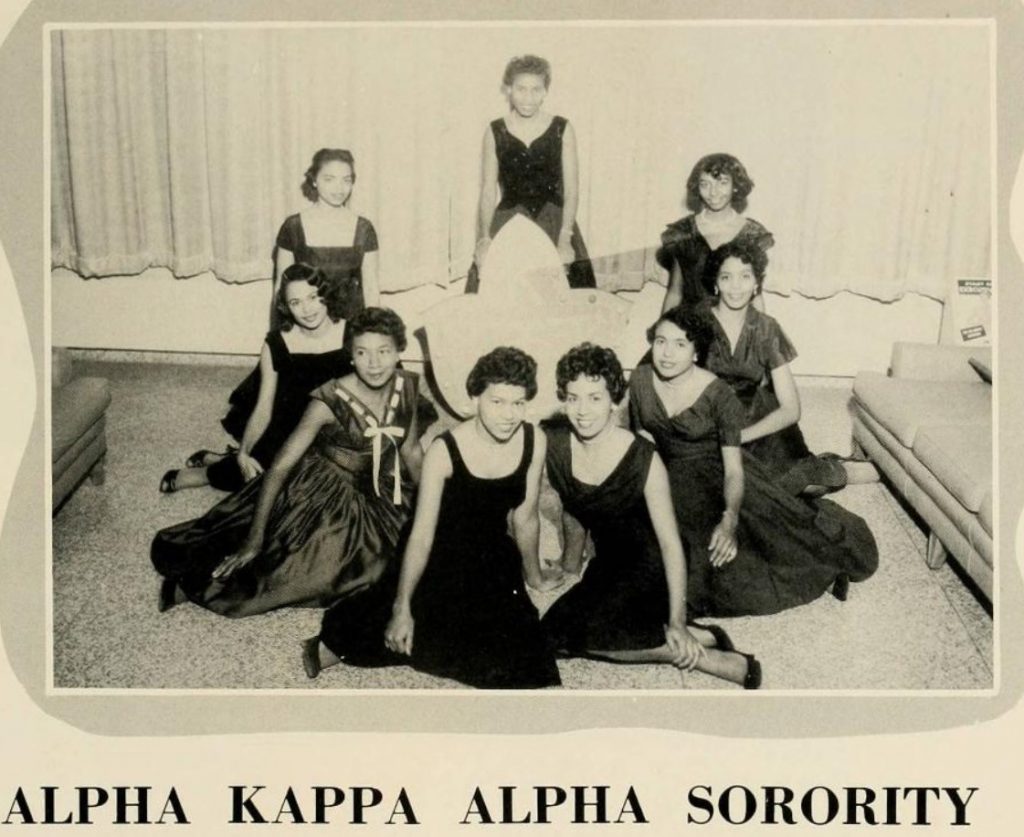 1957 The Pirate's Log Yearbook from Elizabeth State University featuring the Alpha Kappa Alpha Sorority. Beautiful Black women in 1950s Fashions and 1950s hairstyles. 