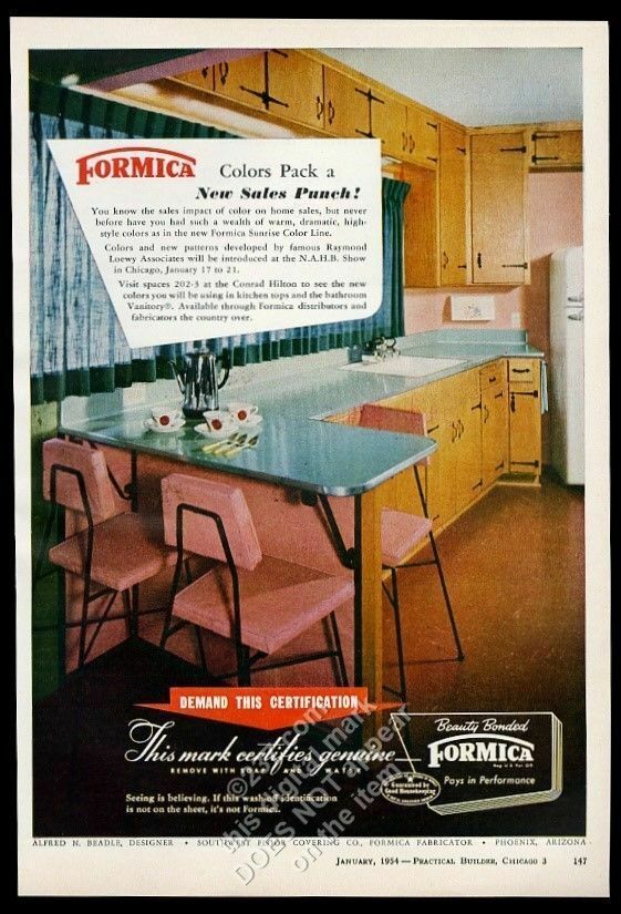 1950s vintage ad from 1954 for Formica featuring a Mid Century Kitchen and blue formica counter tops and pink chairs. 