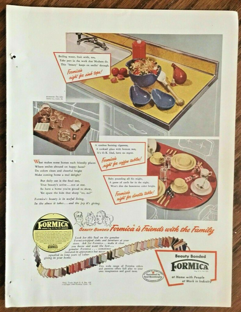 1940s vintage ad from 1948 for Formica  for all the different counter tops in your home. 
