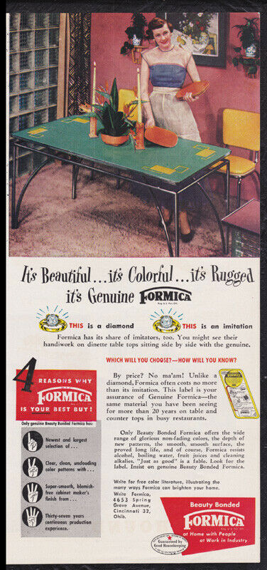 1950s Vintage ad featuring a Formica dining table and a 1950s housewife in a 1950s dress. 