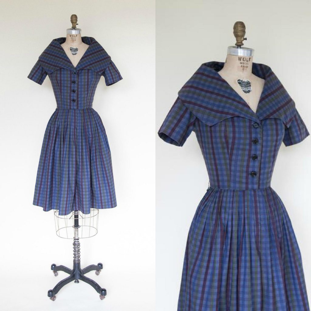 vintage 1950s day dress features a gorgeous over-sized collar. Made by Spector and Shanler in soft blue plaid cotton fabric with shades of purple, maroon and green