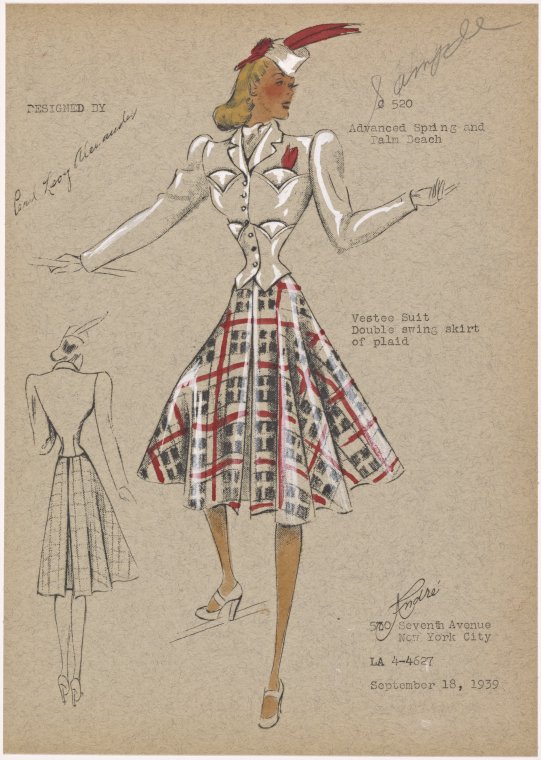 Vintage Fashion Sketch: Vestee Suit (1939): Double Swing Skirt of Plaid with a long sleeved vest that feels very art deco like with it's 4 pockets