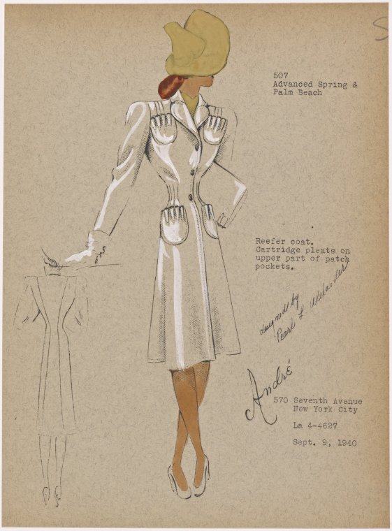 Vintage Fashion Sketch: 1940s Women's Coat Fashion Illustration